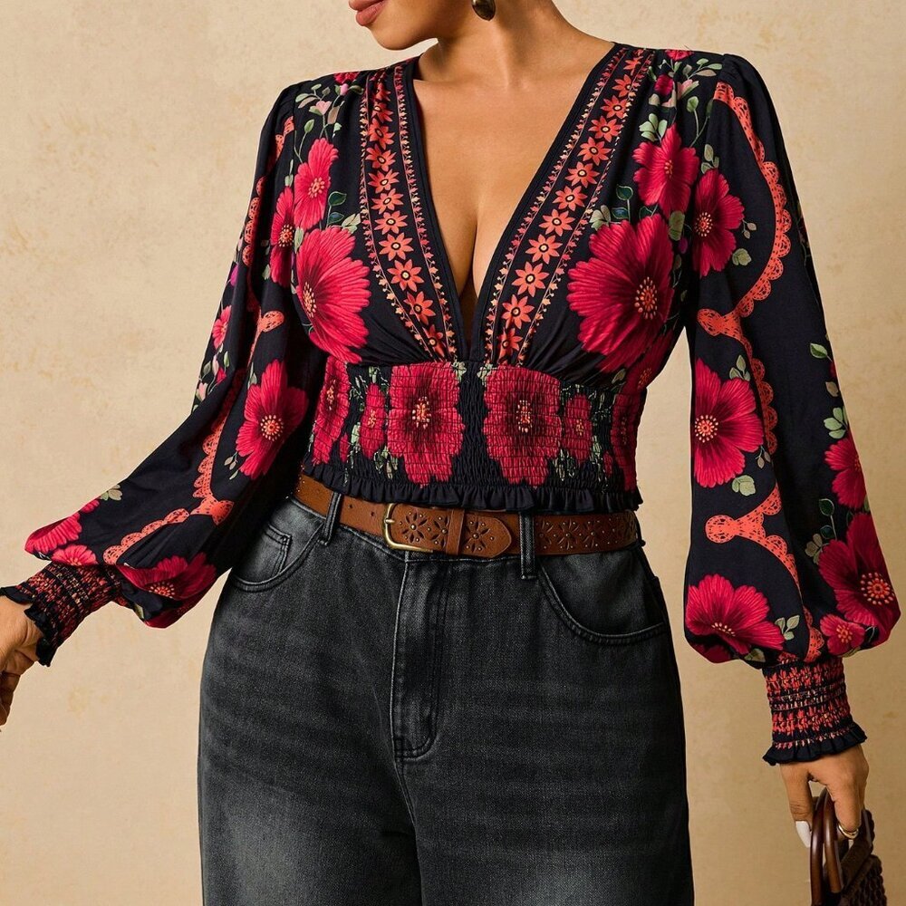 Boho Chic Black Women's Bohemian Floral Long Sleeve Blouse